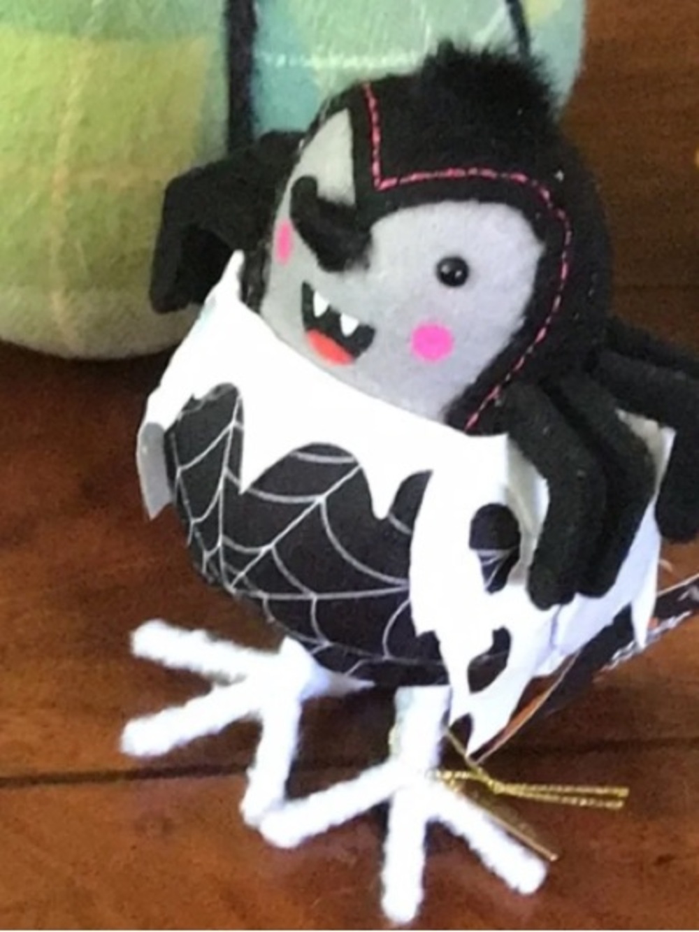 Plush Halloween Spider-Bat Ornament in Black, White, and Pink